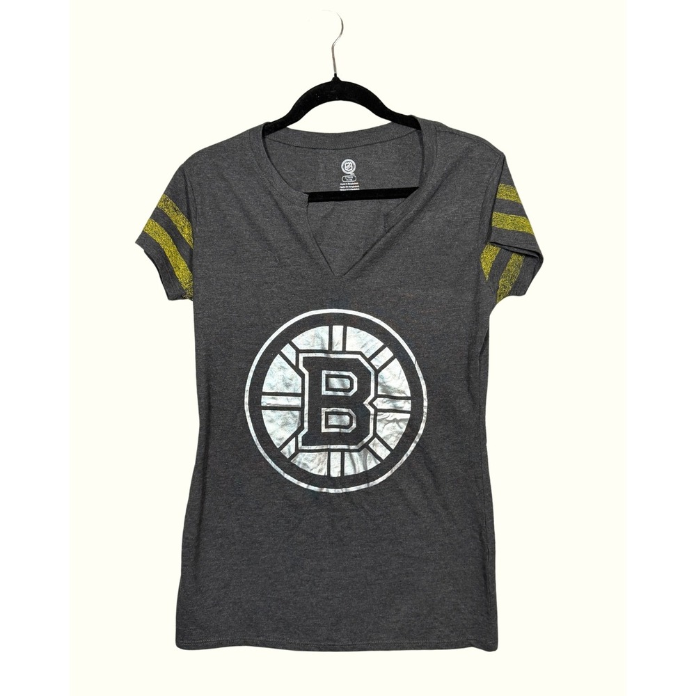 NHL Boston Bruins Womens Graphic T-Shirt Charcoal Grey Foil Logo Size L 11/13